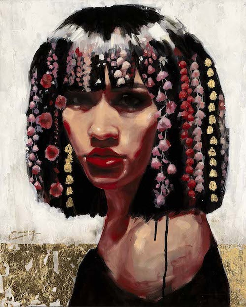 CROWN, a painting by Morgan Casey of a woman with a black bob hung with strands of pink, red and gold beads, in front of a gold-leaf band
